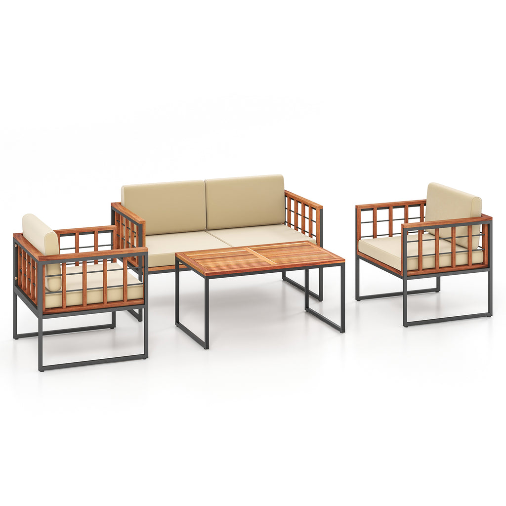 Patio Acacia Wood Armchair with Long Ottoman and Seat Back Cushions