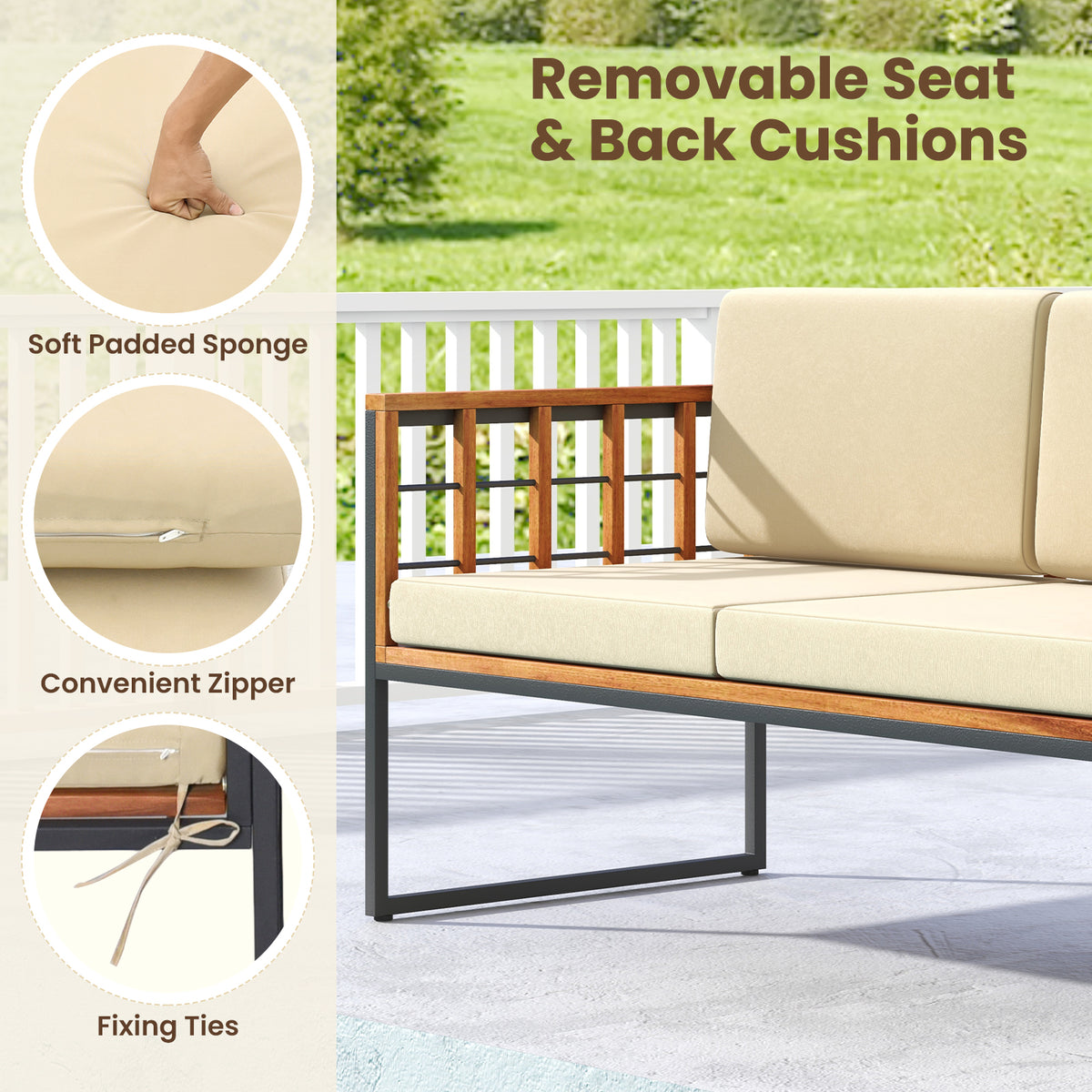 4 Pieces Acacia Wood Outdoor Sofa Set for Balcony, Porch, Backyard,