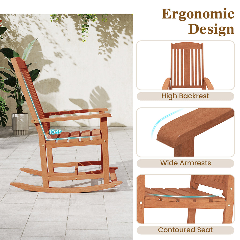 Outdoor Rocking Chair Solid Wood High Back Rocker with Slatted Seat