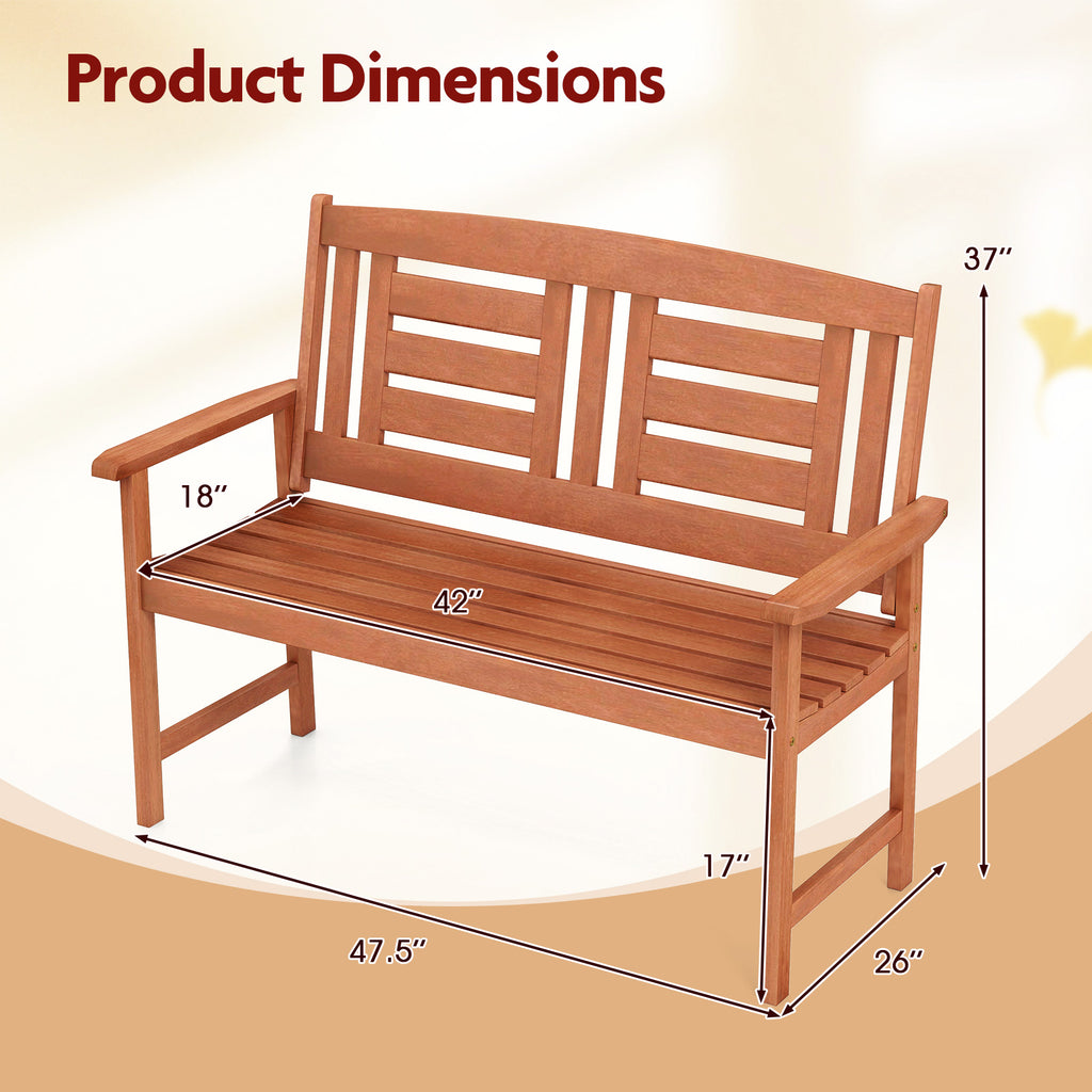 Outdoor Solid Wood Loveseat Hardwood 2-Seat Bench with Inclined