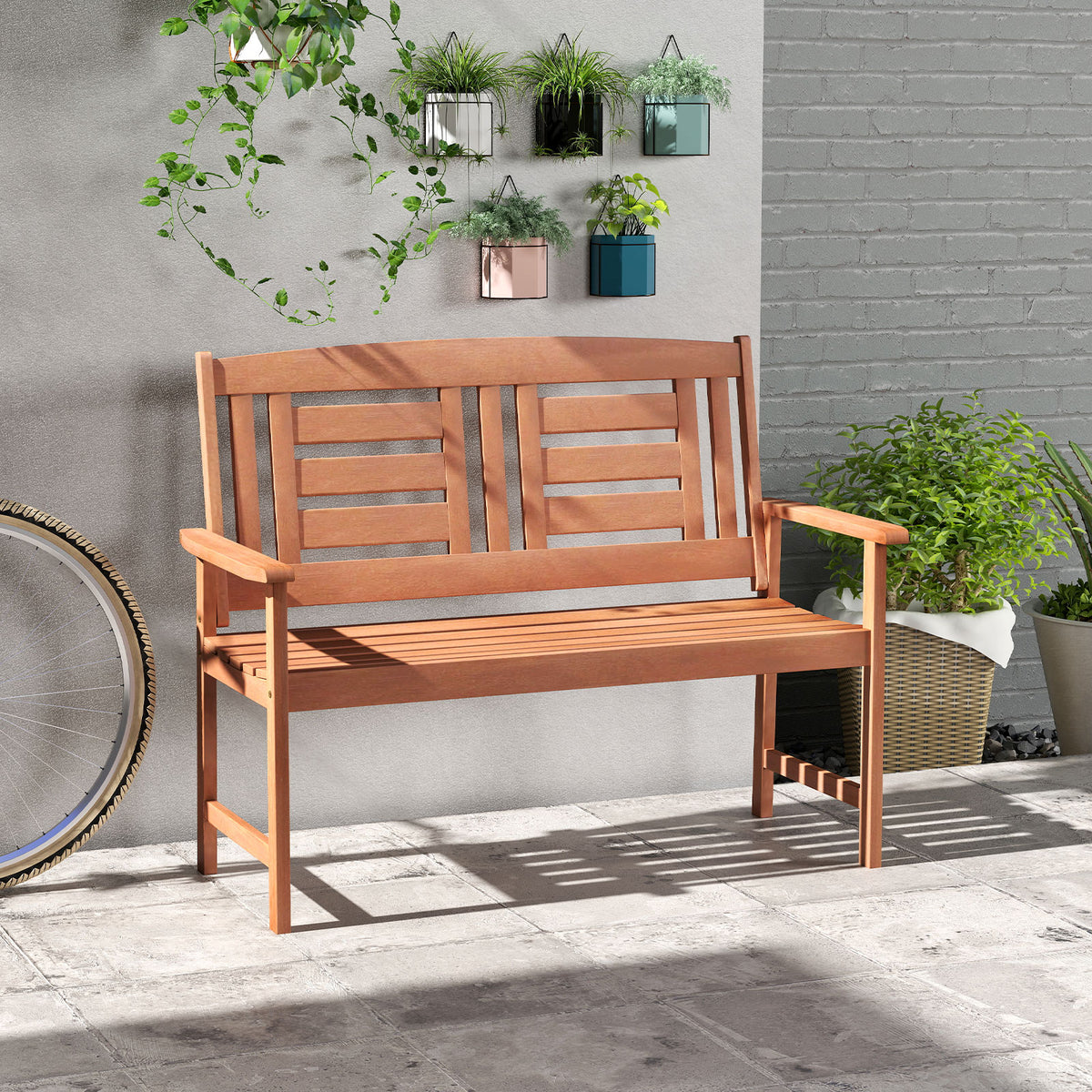 Outdoor Solid Wood Loveseat Hardwood 2-Seat Bench with Inclined