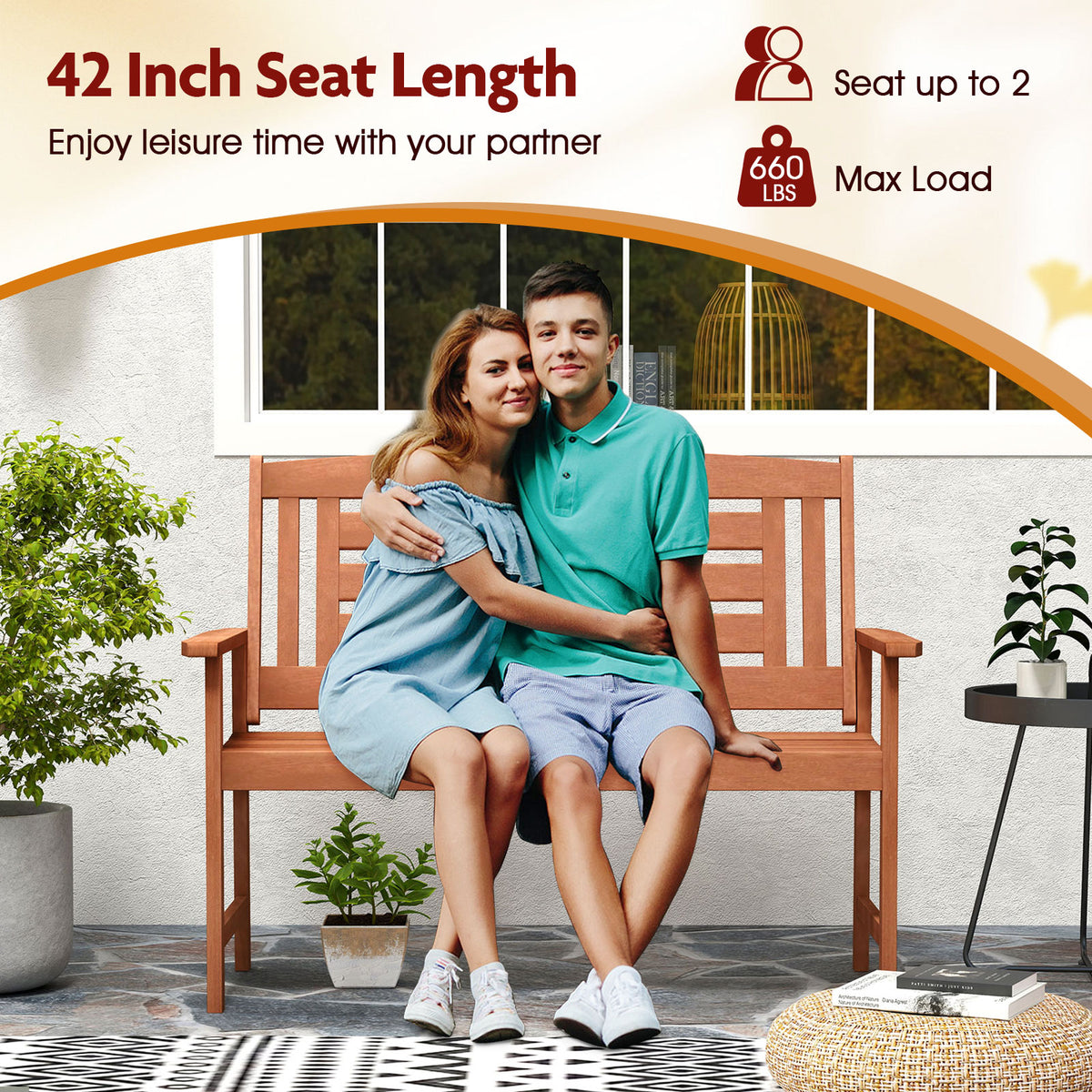 Outdoor Solid Wood Loveseat Hardwood 2-Seat Bench with Inclined