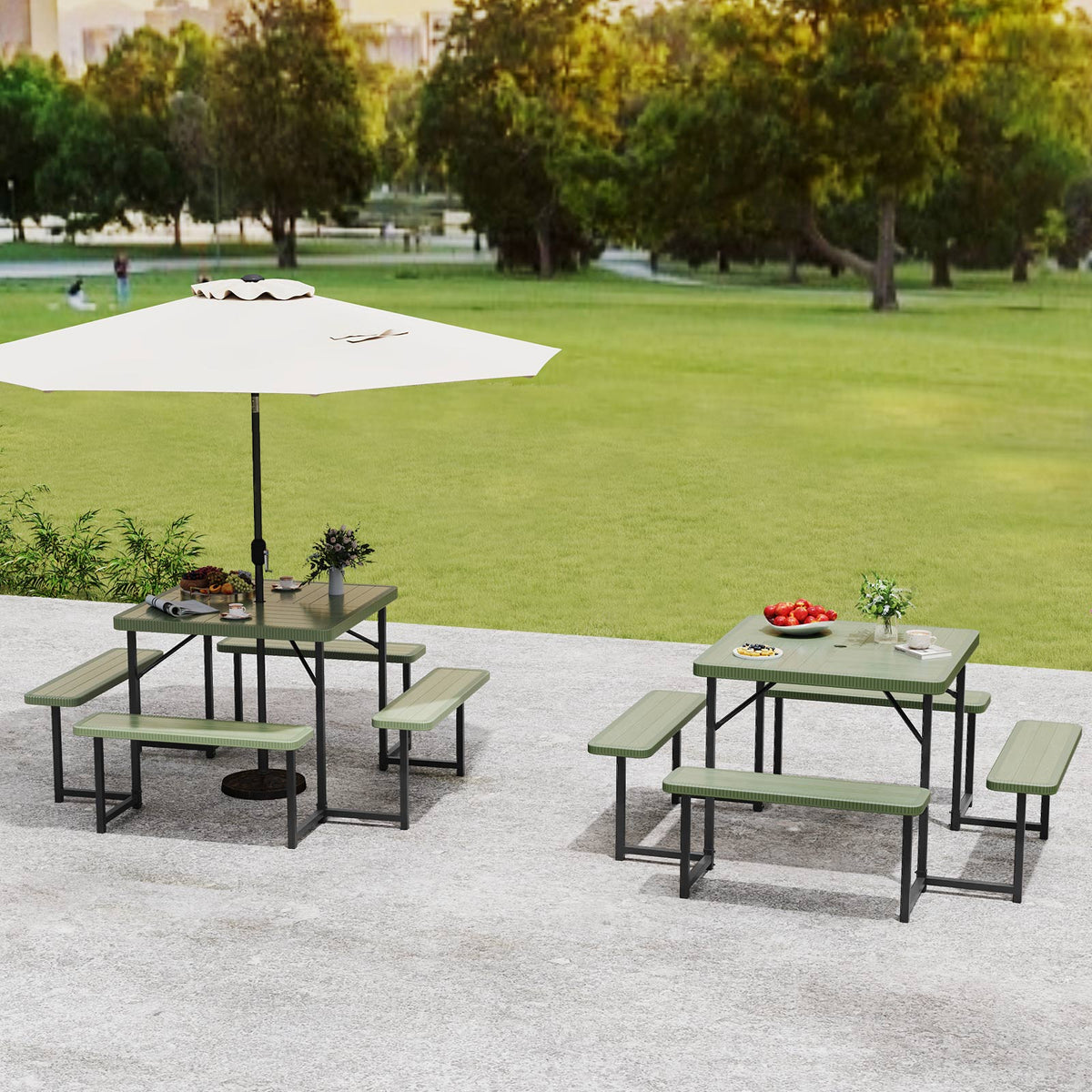 Outdoor Square Picnic Table Bench Set for 4-8 People with Umbrella
