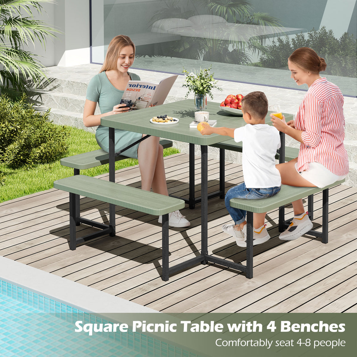 Outdoor Square Picnic Table Bench Set for 4-8 People with Umbrella