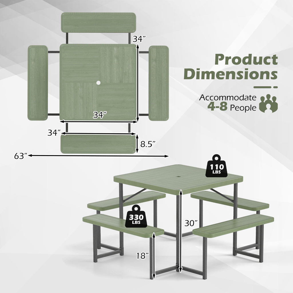 Outdoor Square Picnic Table Bench Set for 4-8 People with Umbrella
