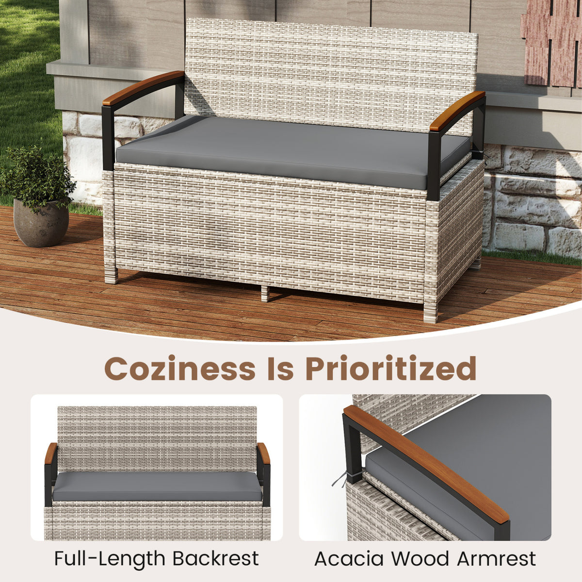 Outdoor Storage Bench with Cushion - Gray