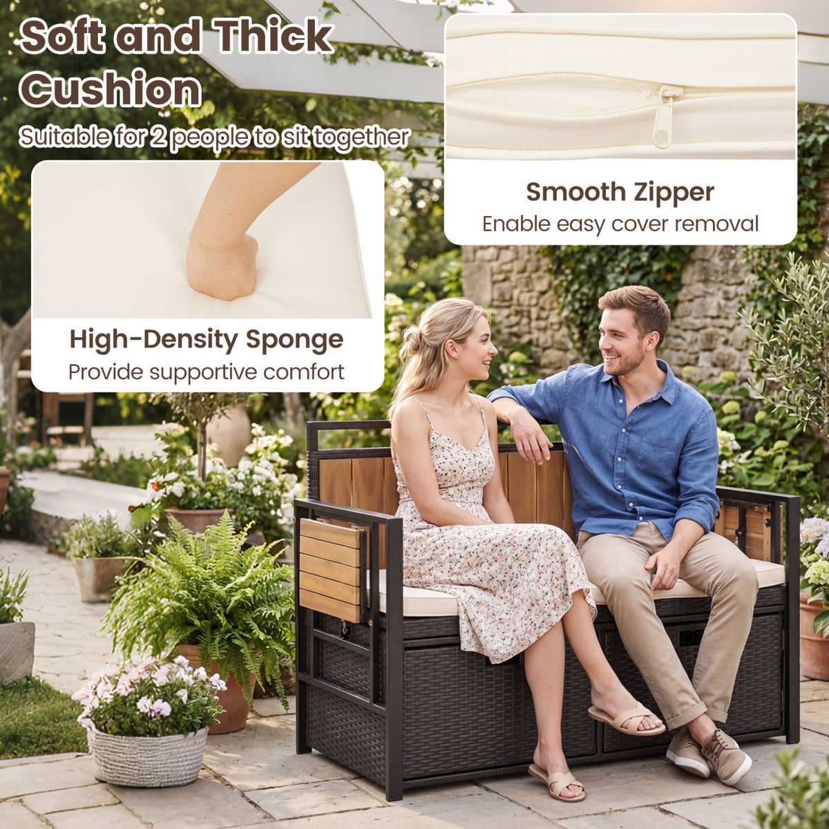 Outdoor Storage Bench with 2 Side Tables and 2-Seater Seat