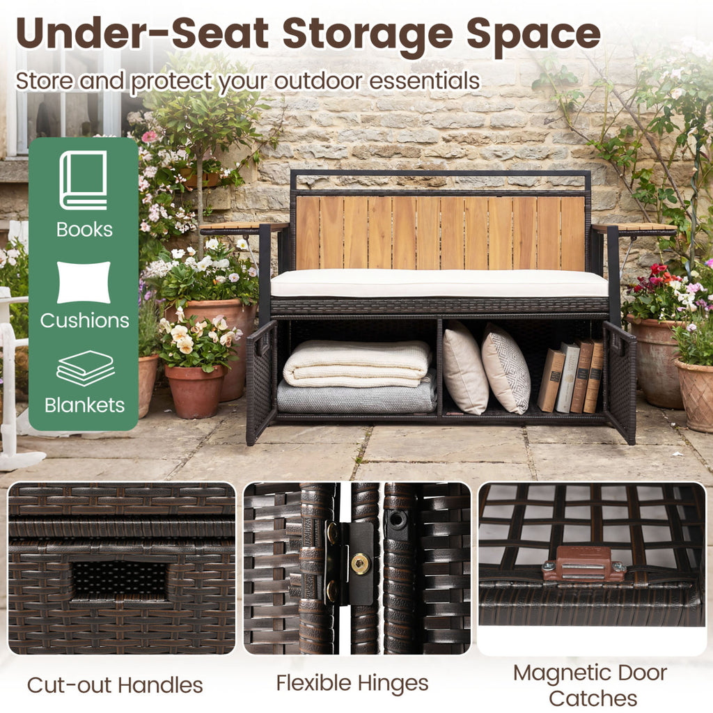 Outdoor Storage Bench with 2 Side Tables and 2-Seater Seat