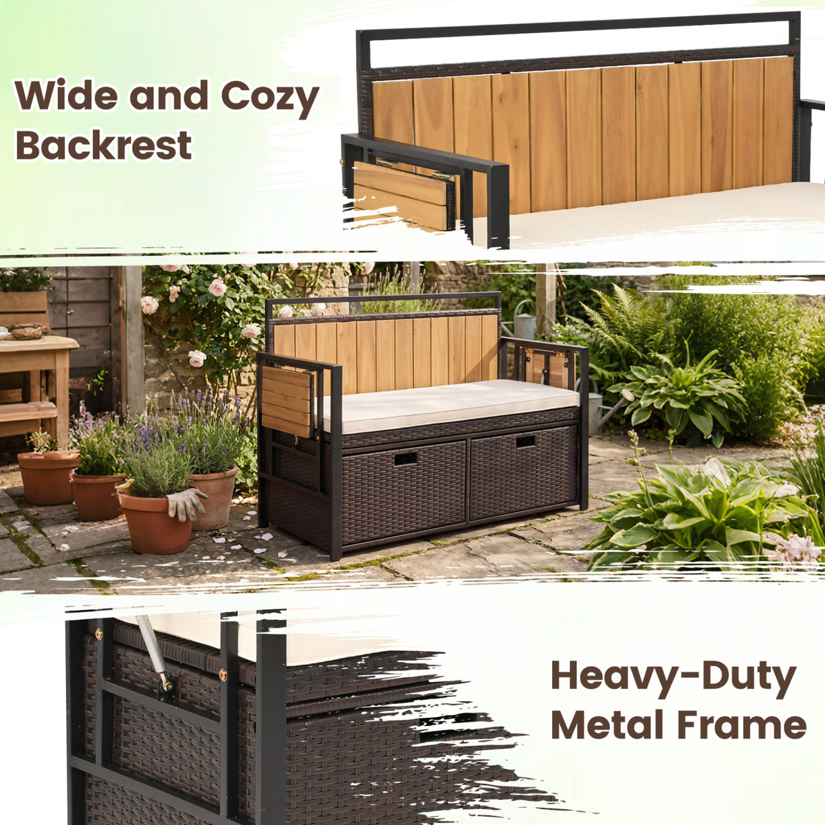 Outdoor Storage Bench with 2 Side Tables and 2-Seater Seat
