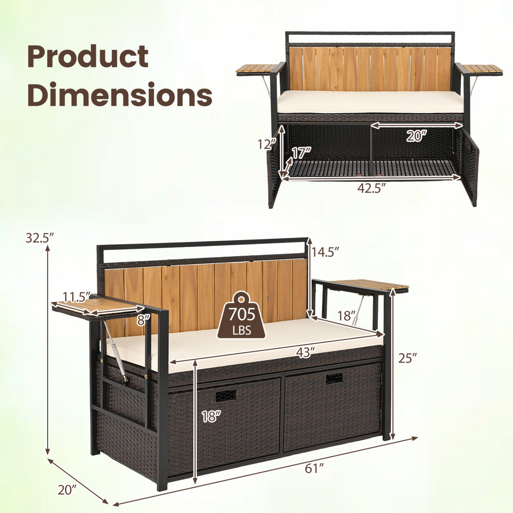 Outdoor Storage Bench with 2 Side Tables and 2-Seater Seat