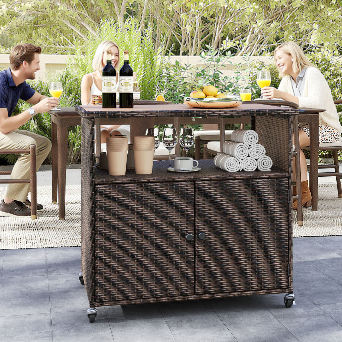 Outdoor Storage Cabinet with Acacia Wood Top and Lockable Wheels - Gray