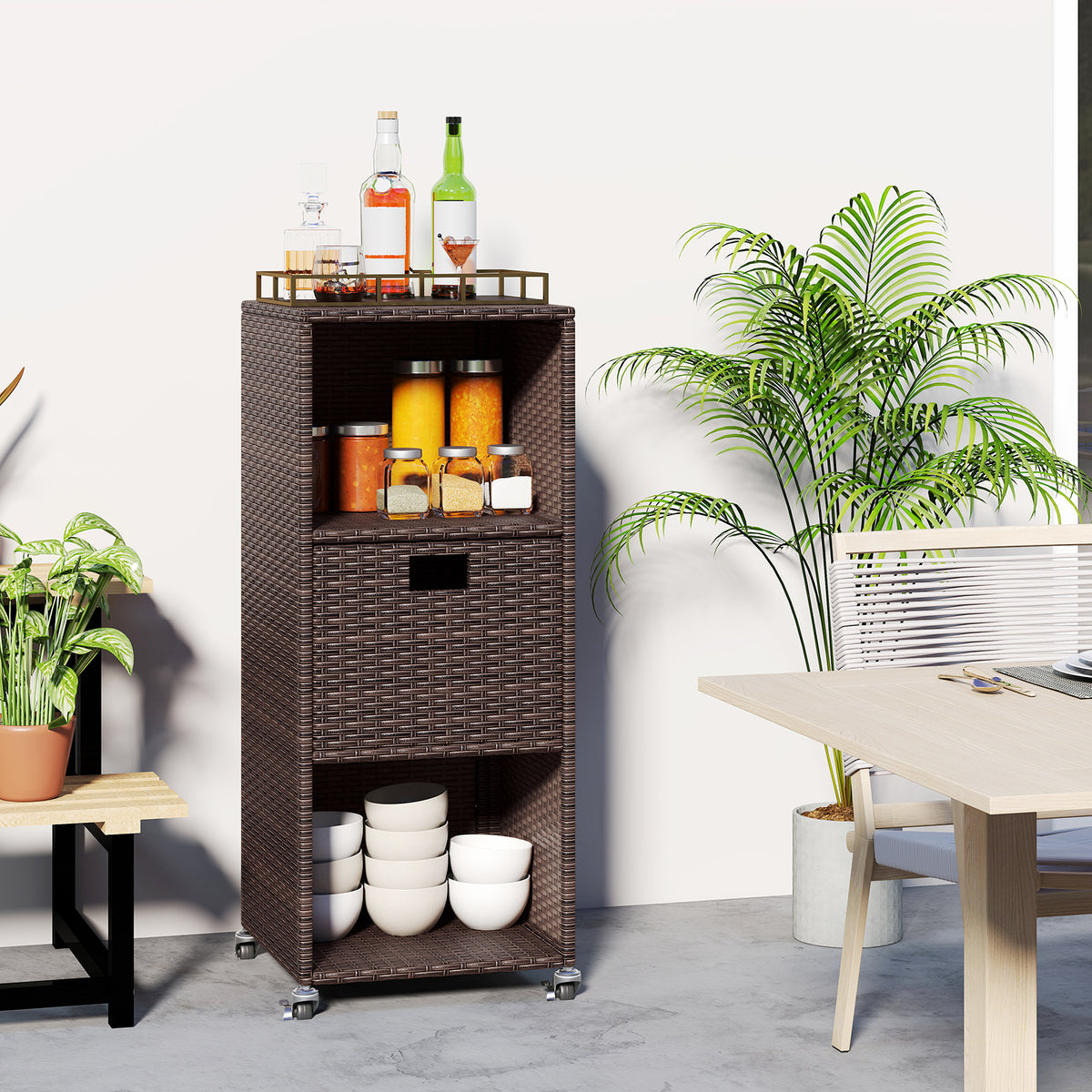 Outdoor Storage Cabinet with 3 Shelves & Drawer - Black