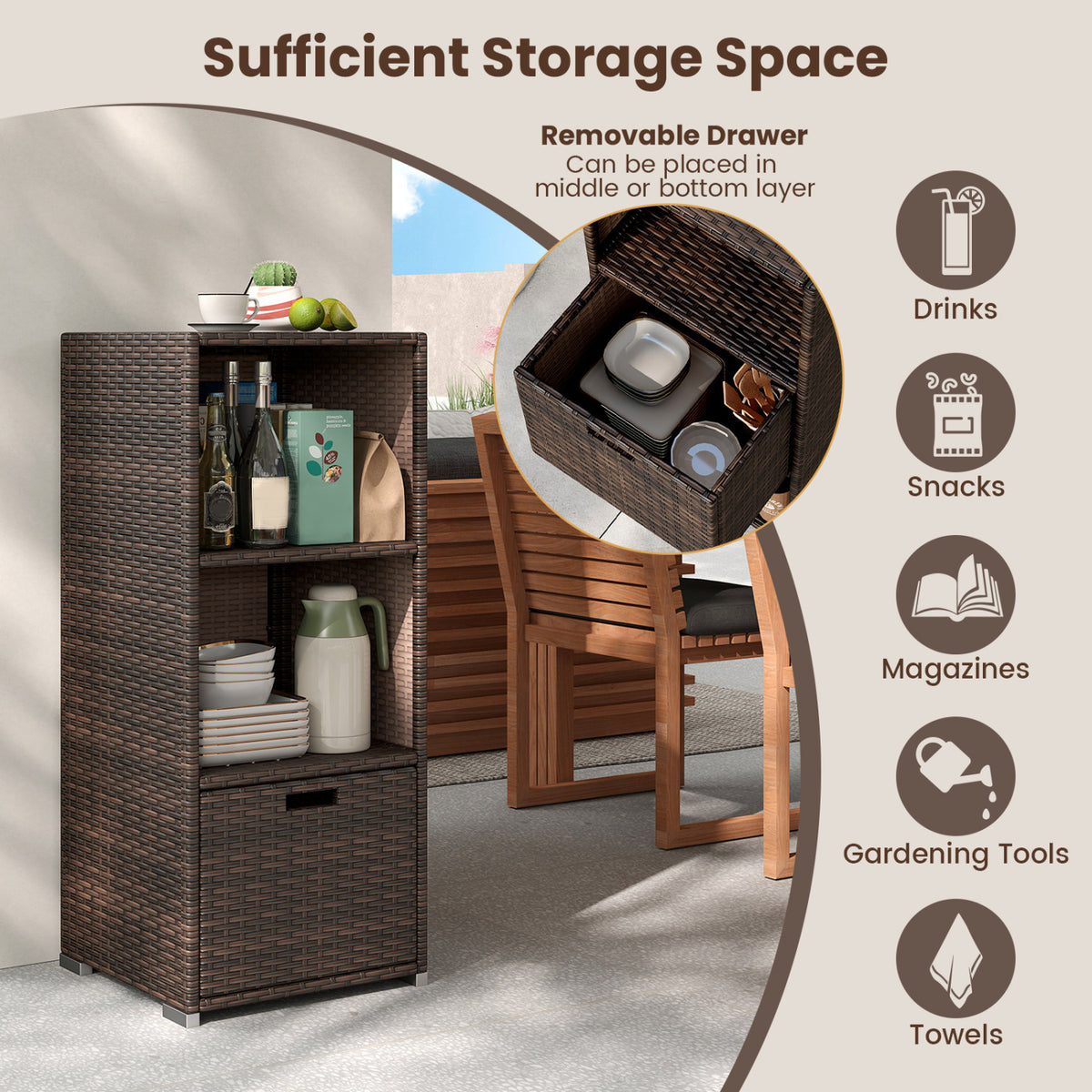 Outdoor Storage Cabinet Patio Wicker Organizer with Drawer