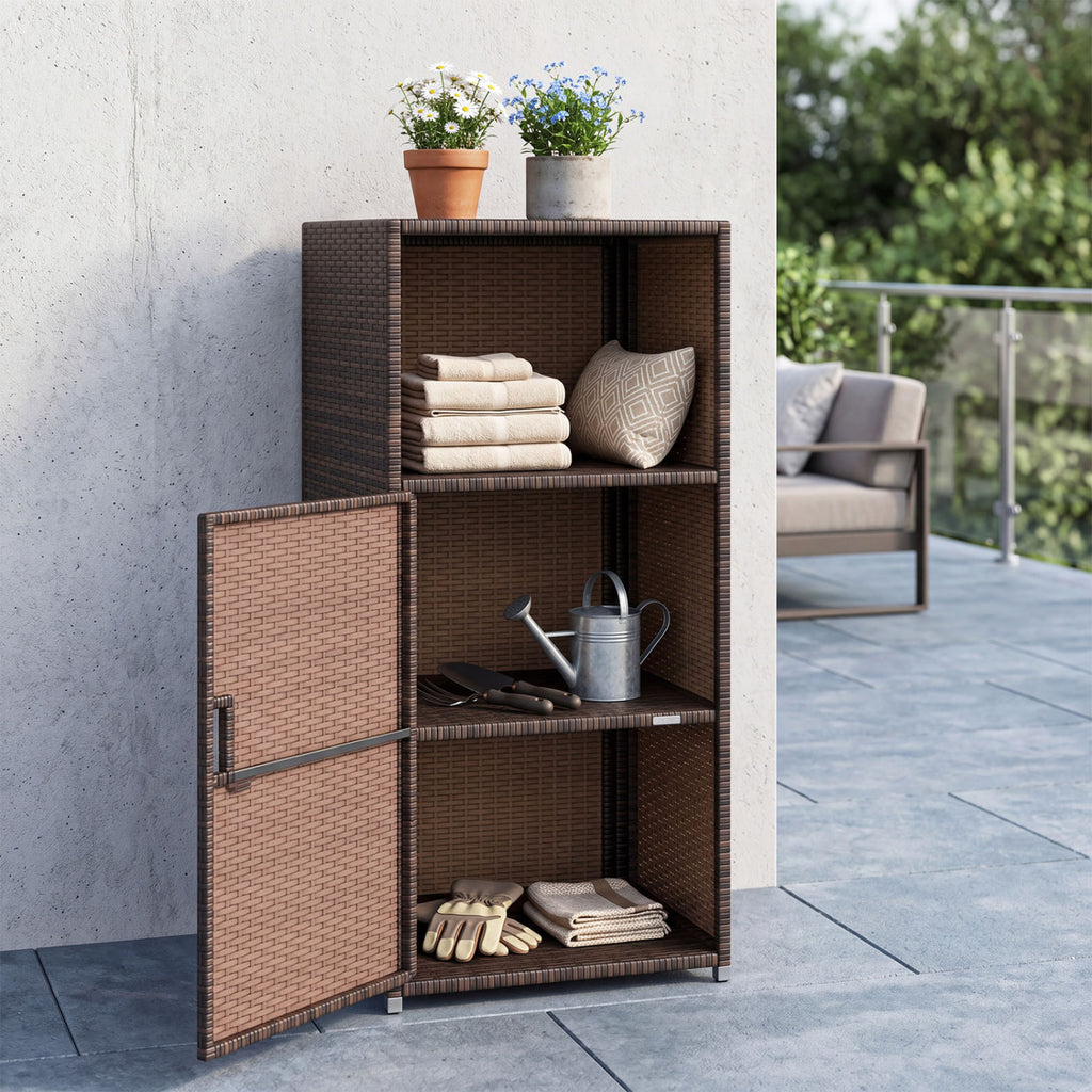 Outdoor PE Wicker Storage Cabinet with Door and Open Compartment for