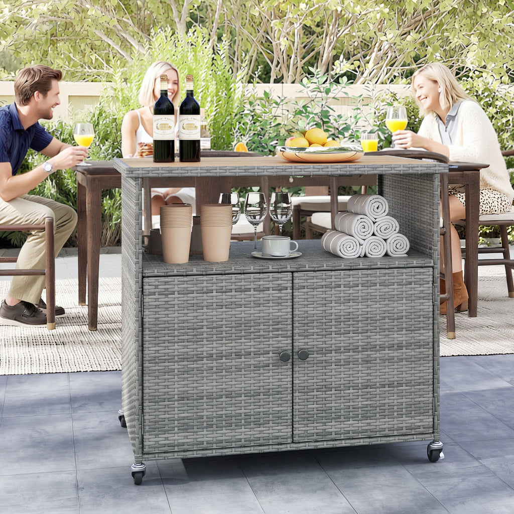 Outdoor Storage Cabinet with Acacia Wood Top and Lockable Wheels - Gray