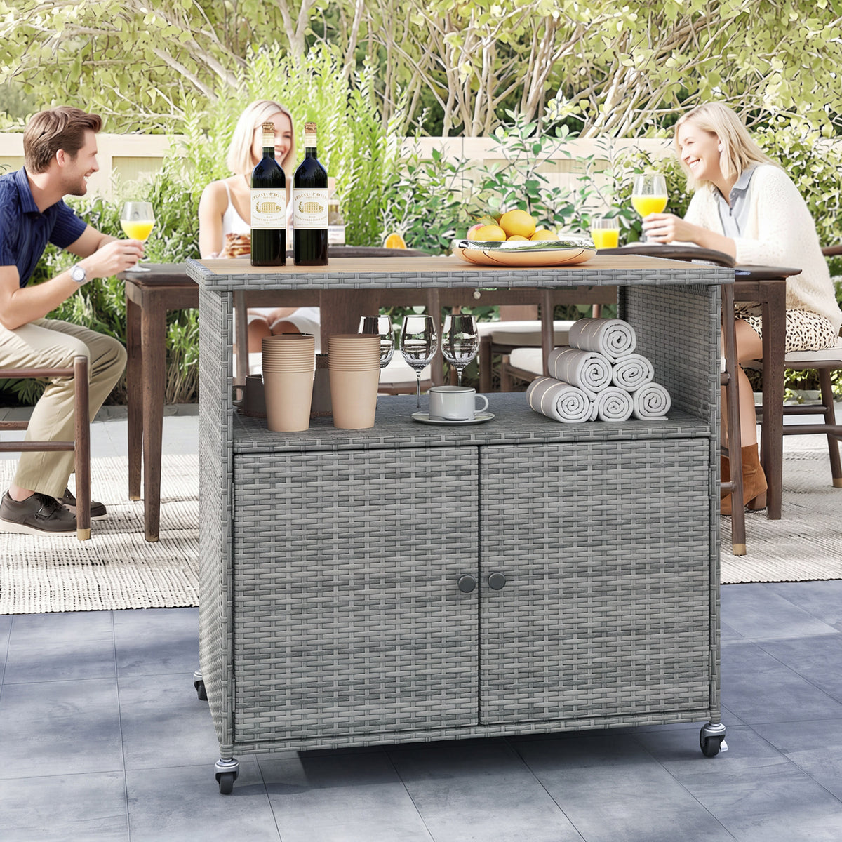 Outdoor Storage Cabinet with Acacia Wood Top and Lockable Wheels - Gray
