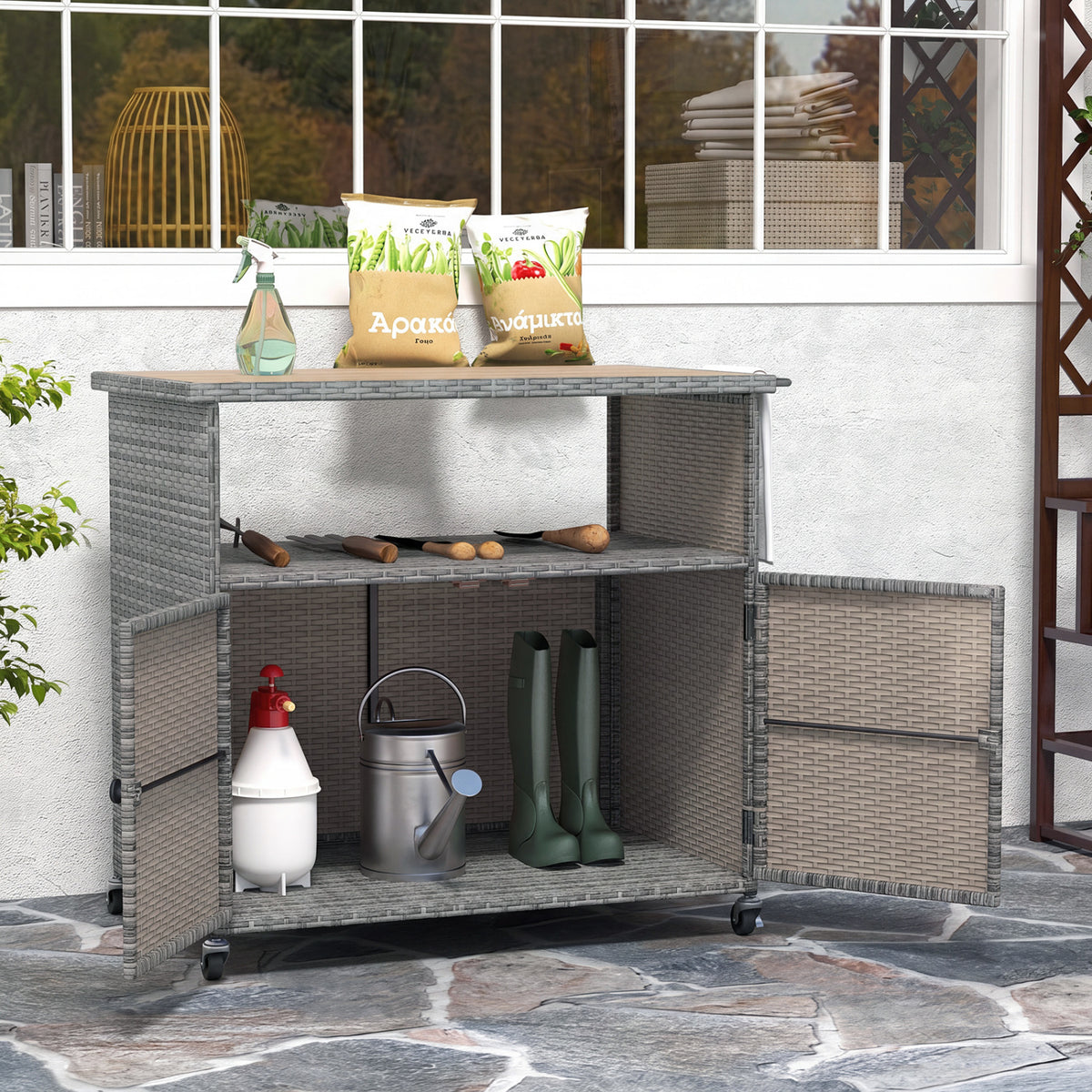 Outdoor Storage Cabinet with Acacia Wood Top and Lockable Wheels - Gray
