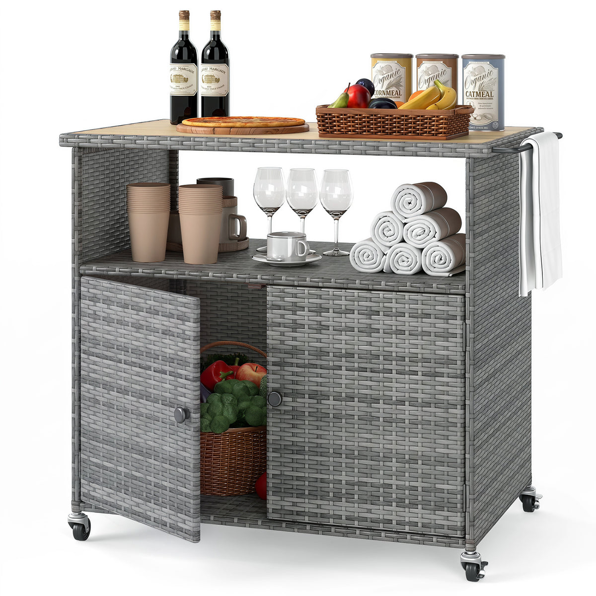 Outdoor Storage Cabinet with Acacia Wood Top and Lockable Wheels - Gray