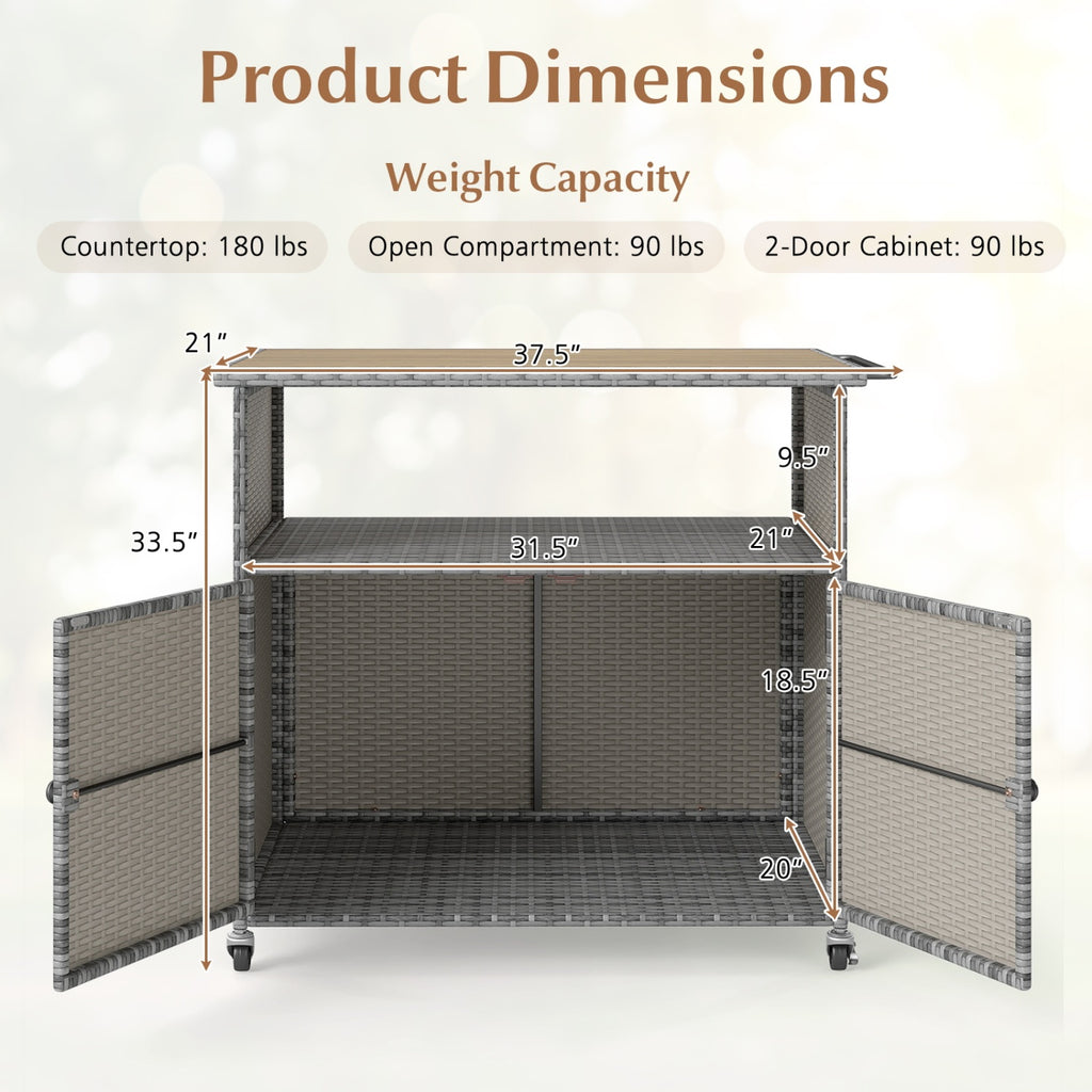 Outdoor Storage Cabinet with Acacia Wood Top and Lockable Wheels - Gray