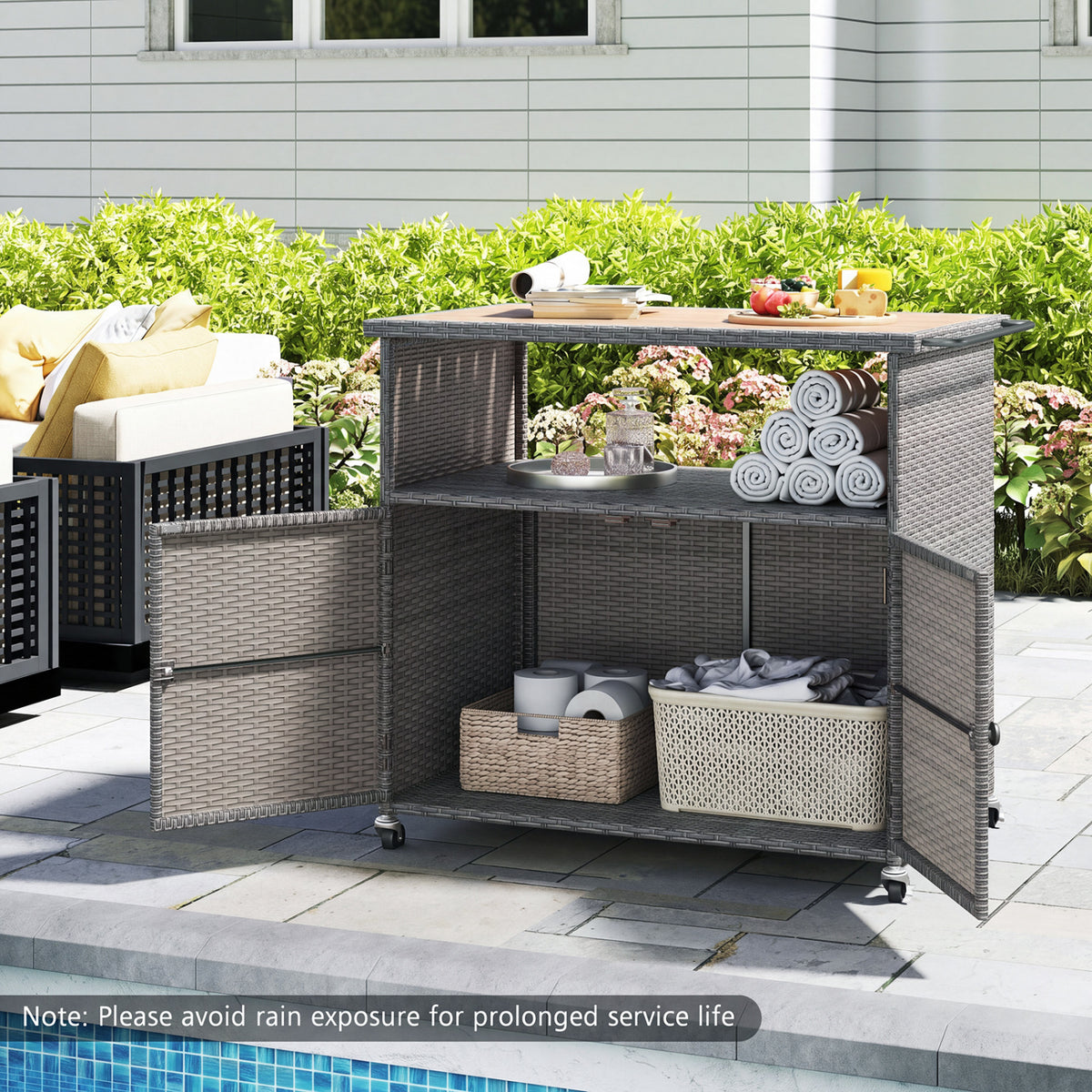 Outdoor Storage Cabinet with Acacia Wood Top and Lockable Wheels - Gray
