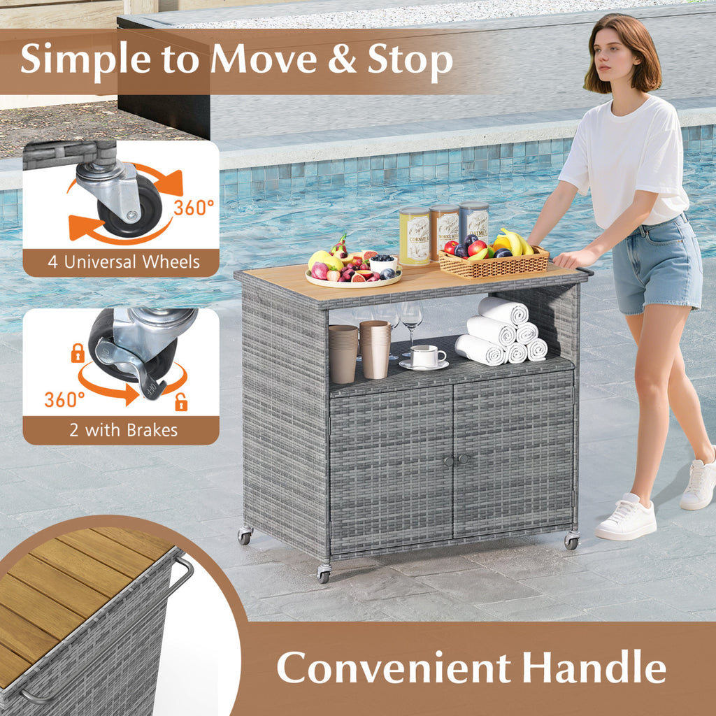 Outdoor Storage Cabinet with Acacia Wood Top and Lockable Wheels - Gray