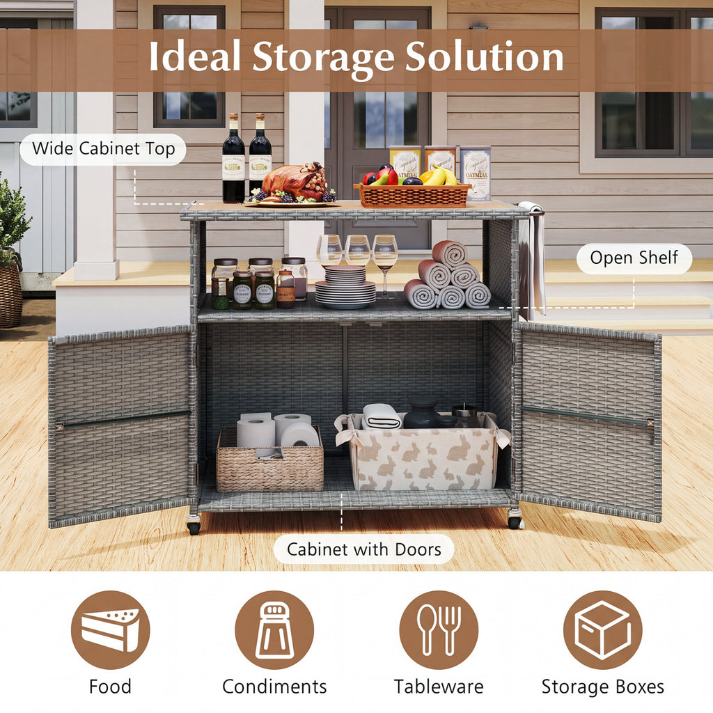 Outdoor Storage Cabinet with Acacia Wood Top and Lockable Wheels - Gray
