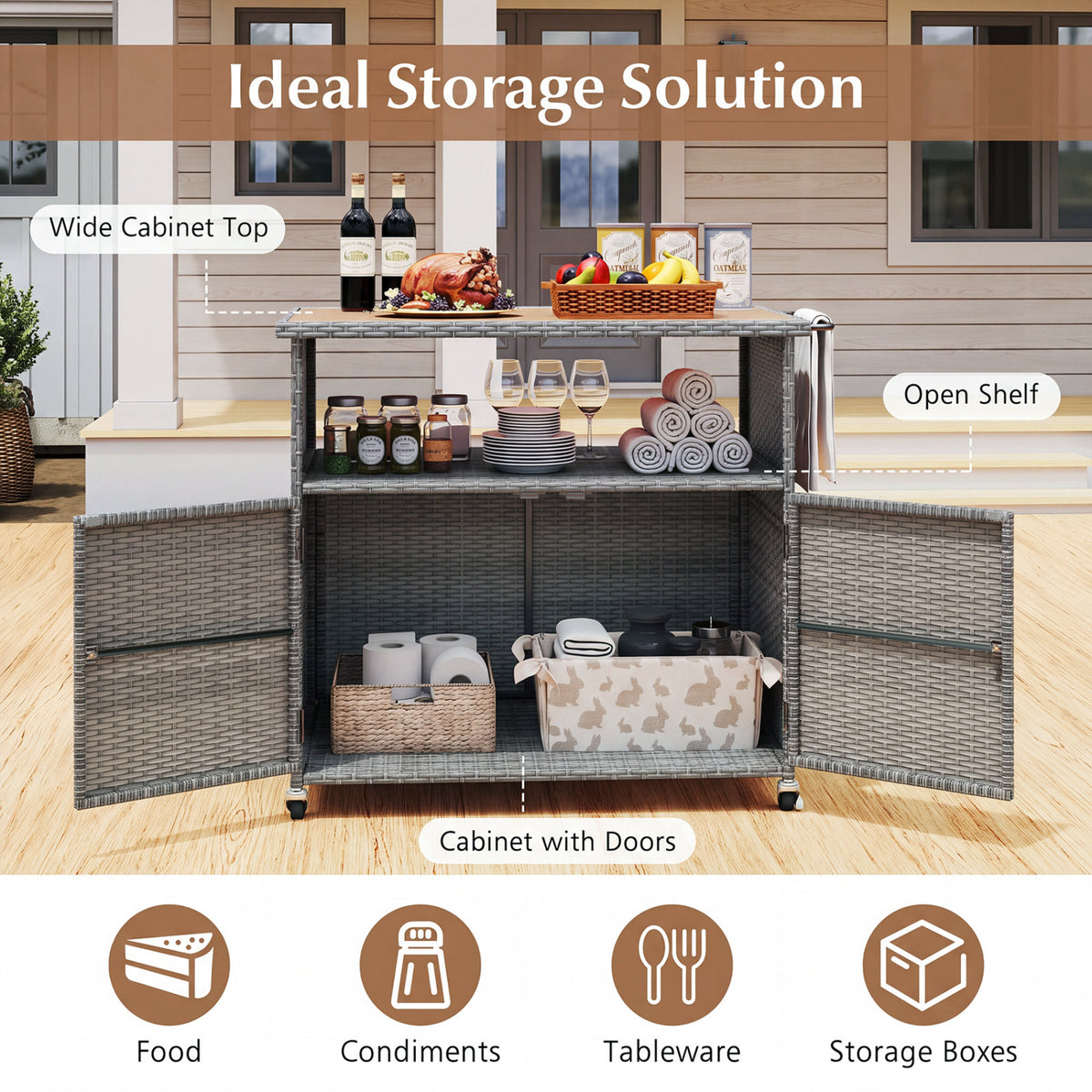 Outdoor Storage Cabinet with Acacia Wood Top and Lockable Wheels - Gray