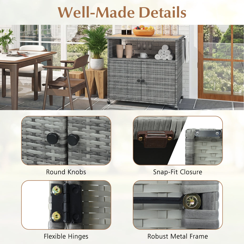 Outdoor Storage Cabinet with Acacia Wood Top and Lockable Wheels - Gray