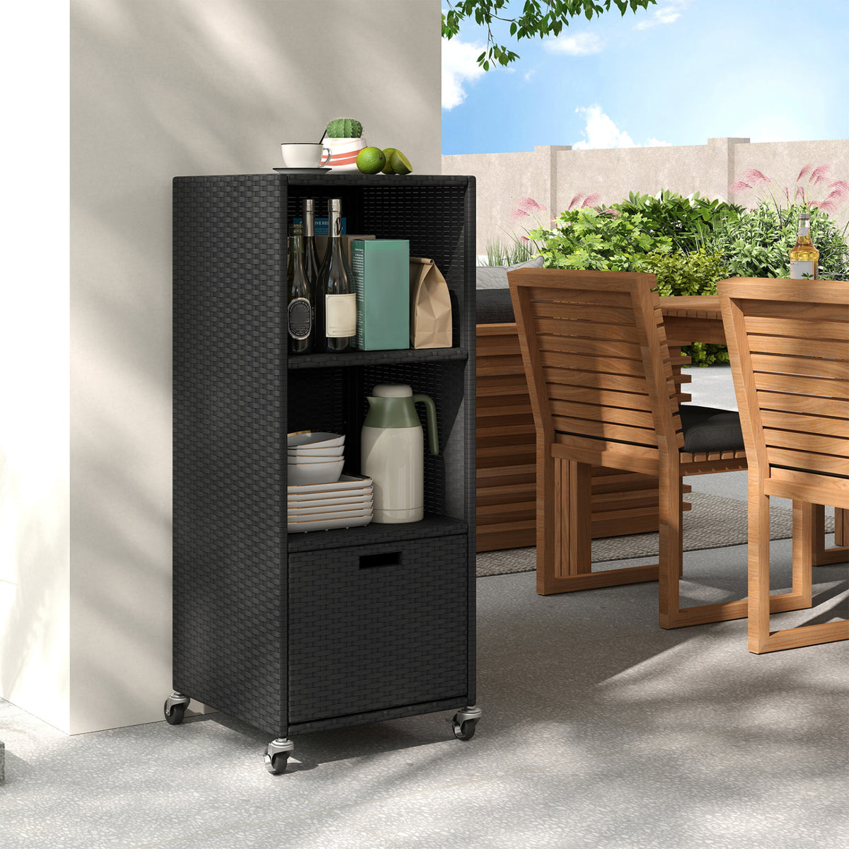 Outdoor Storage Cabinet with 3 Shelves & Drawer - Black
