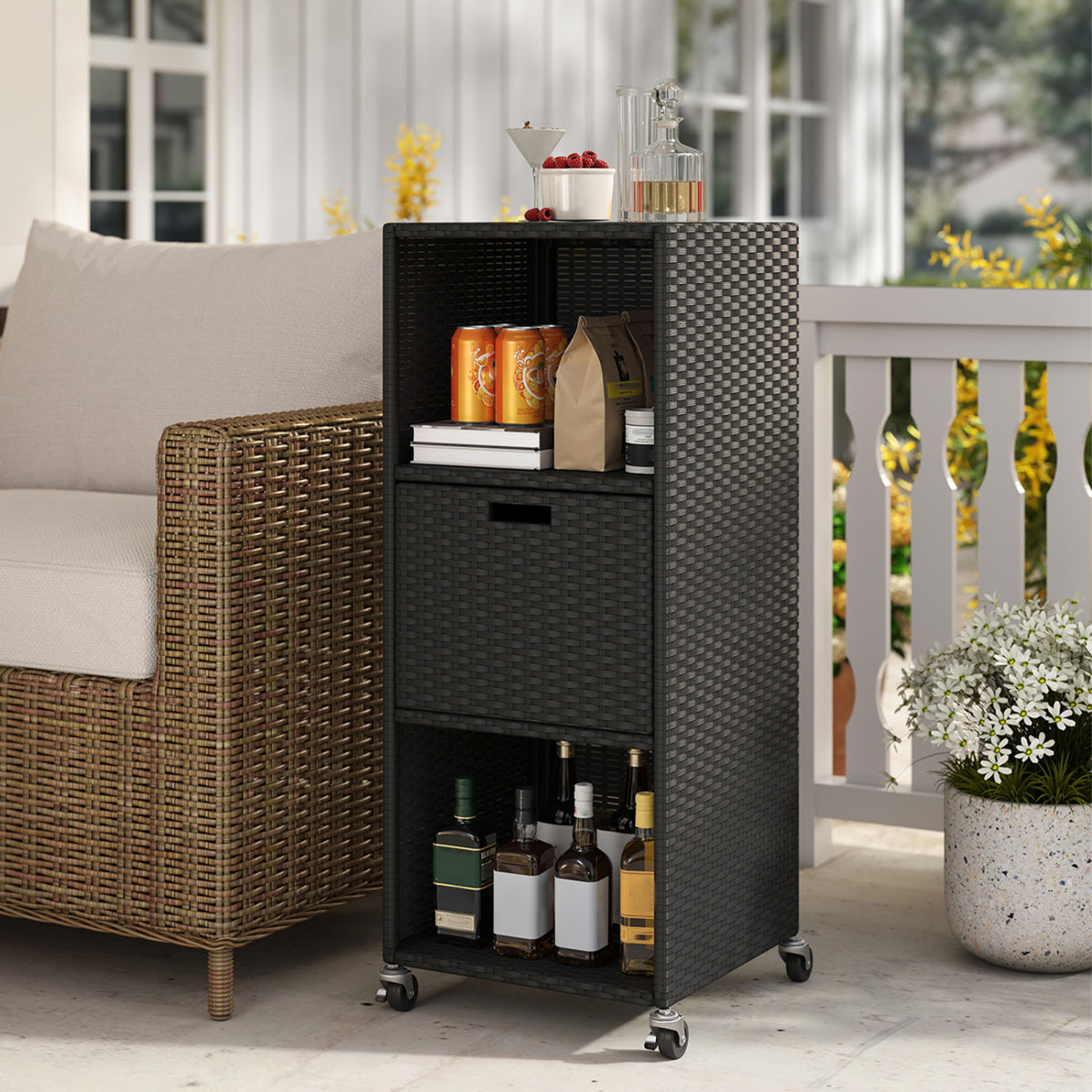 Outdoor Storage Cabinet with 3 Shelves & Drawer - Black