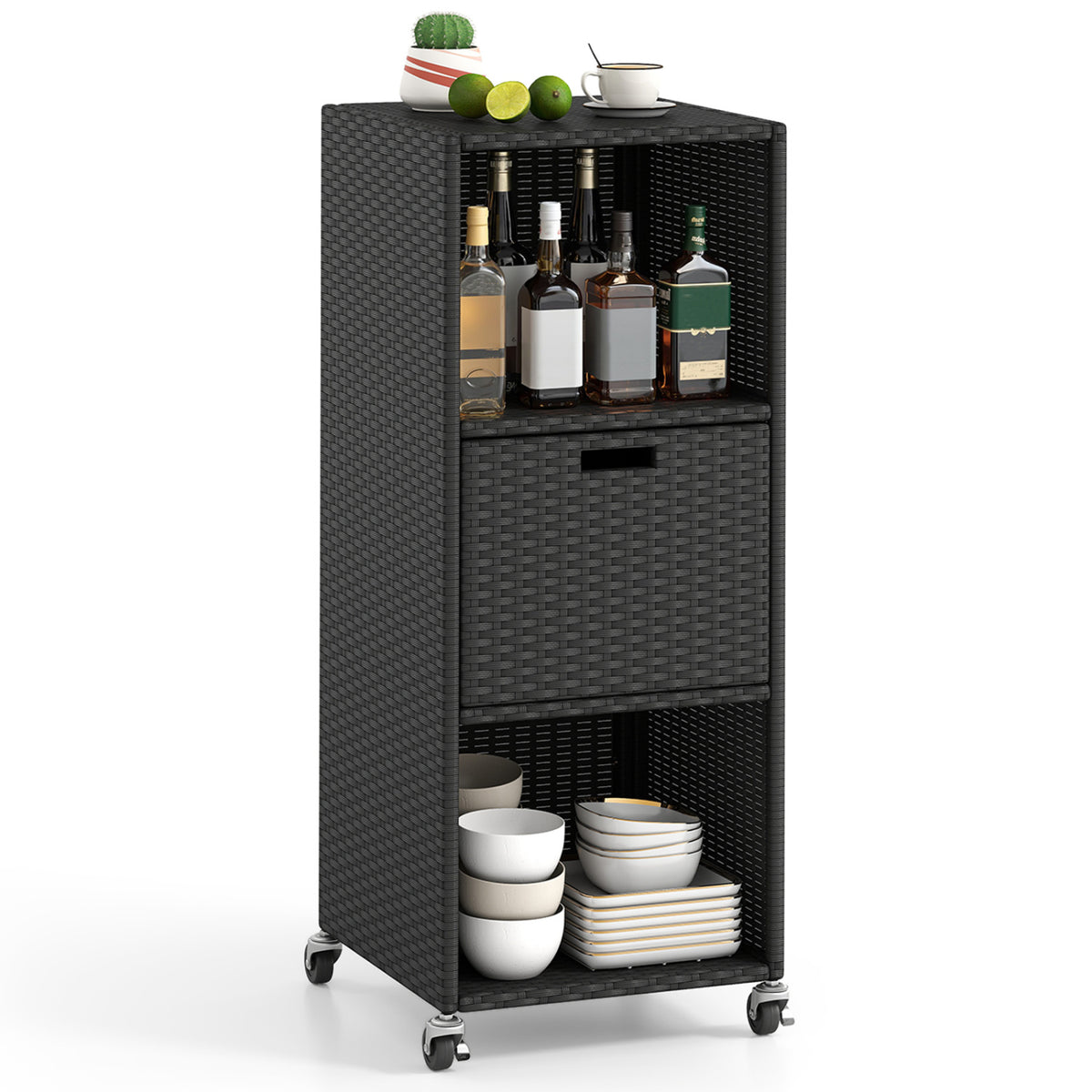 Outdoor Storage Cabinet with 3 Shelves & Drawer - Black