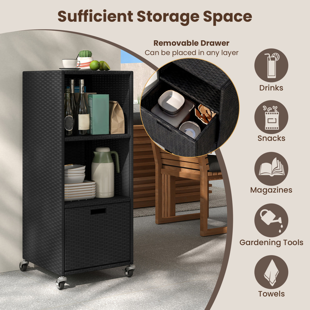 Outdoor Storage Cabinet with 3 Shelves & Drawer - Black
