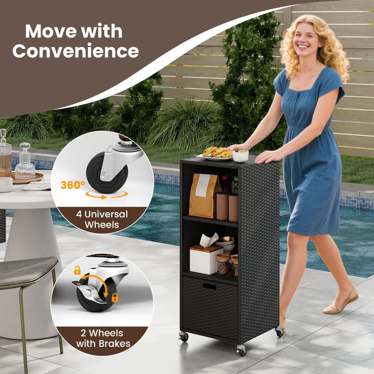 Outdoor Storage Cabinet with 3 Shelves & Drawer - Black