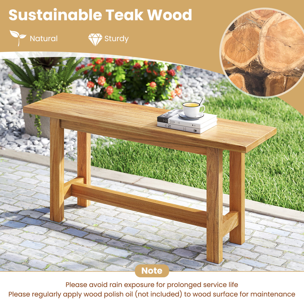 Outdoor Teak Wood Bench for Porch Backyard and Poolside