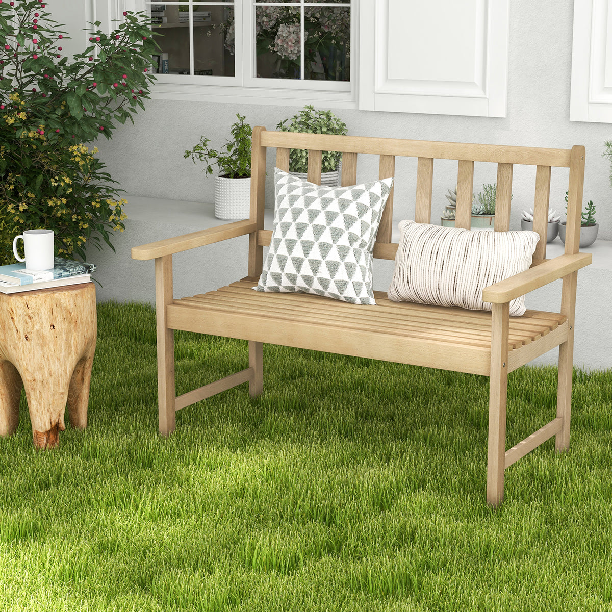 Outdoor Indonesia Teak Wood Garden Bench 2-Person with Backrest and