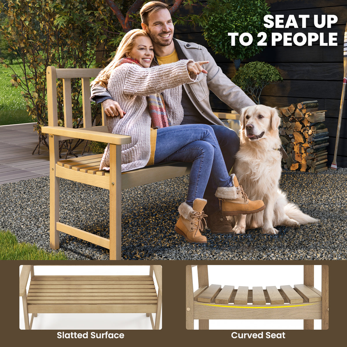 Outdoor Indonesia Teak Wood Garden Bench 2-Person with Backrest and