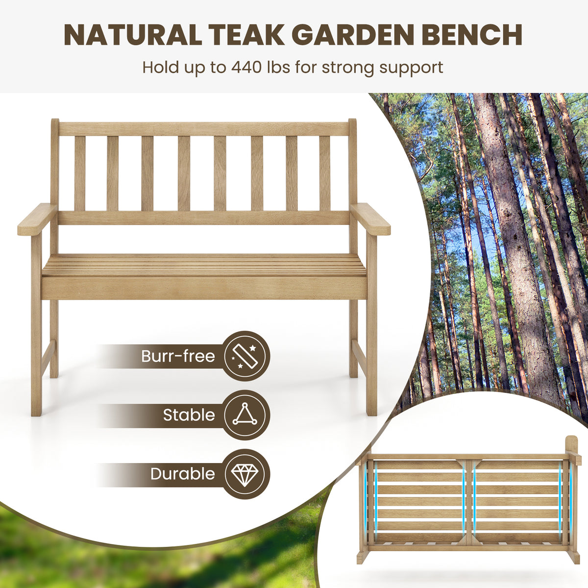 Outdoor Indonesia Teak Wood Garden Bench 2-Person with Backrest and