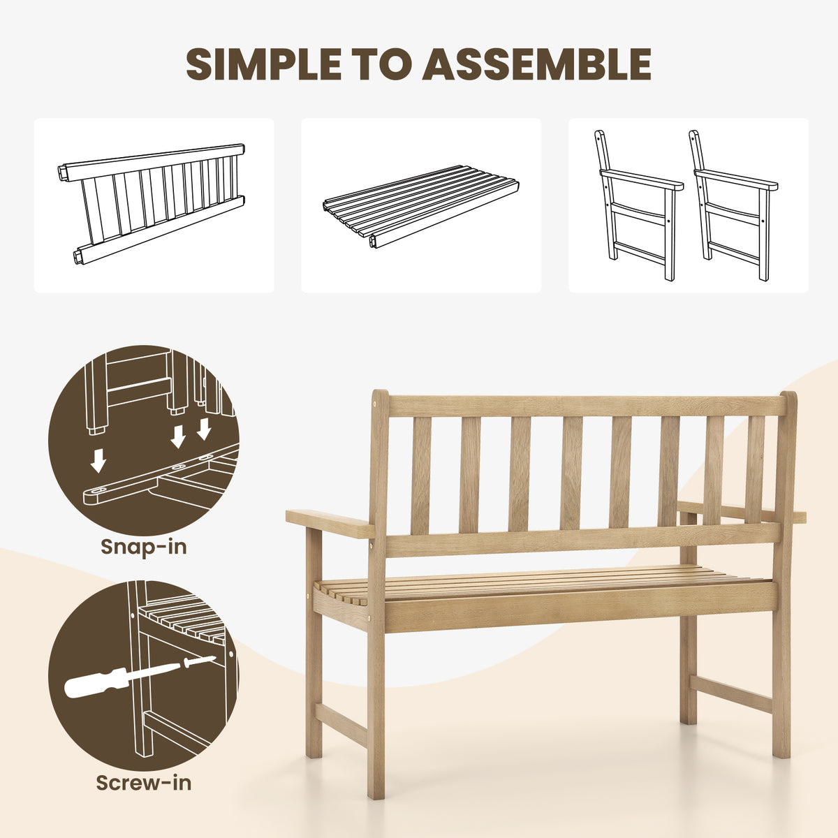 Outdoor Indonesia Teak Wood Garden Bench 2-Person with Backrest and