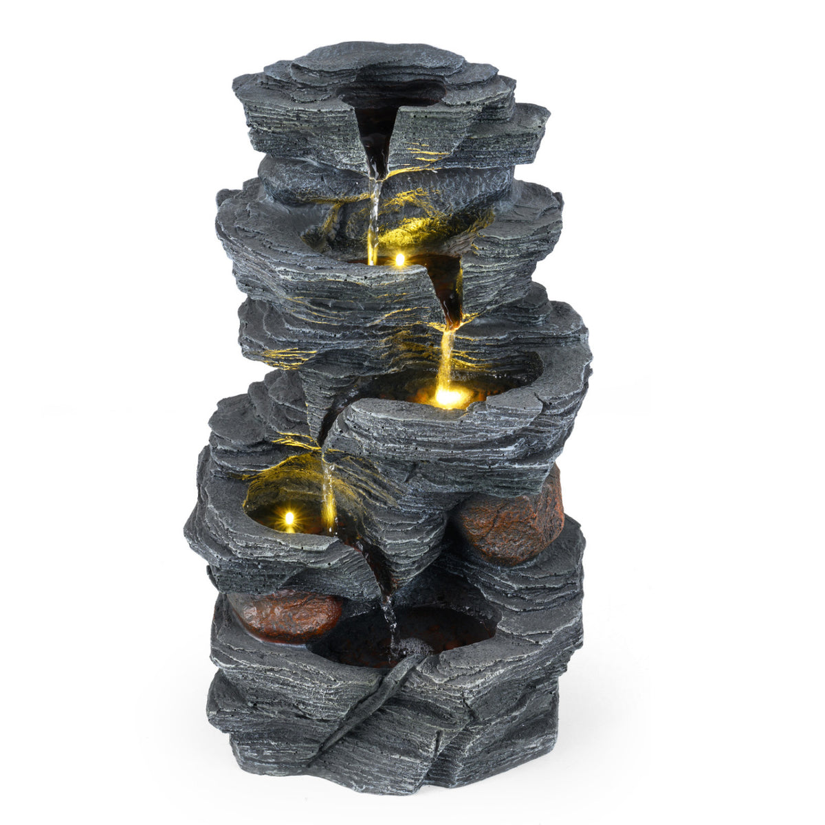 Tabletop 5-Tier Outdoor Water Fountain with LED Lights - Stone Texture, 17.5 Inch