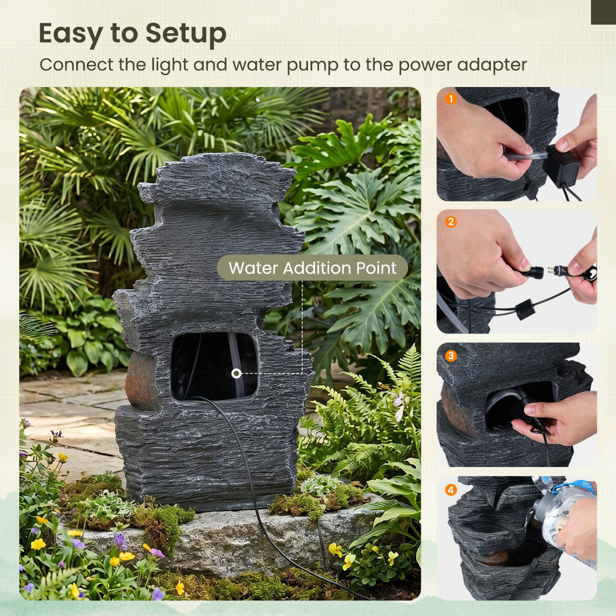 Outdoor 5-Tier Cascading Rock Water Fountain with LED Lights and Pump - Tabletop Water Feature