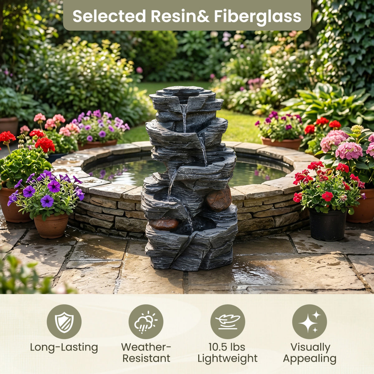 Outdoor 5-Tier Cascading Rock Water Fountain with LED Lights and Pump - Tabletop Water Feature