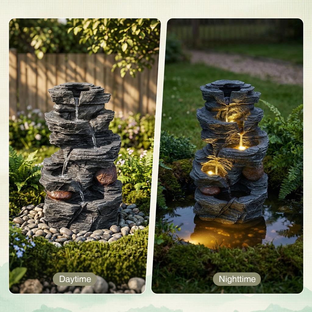 Outdoor 5-Tier Cascading Rock Water Fountain with LED Lights and Pump - Tabletop Water Feature