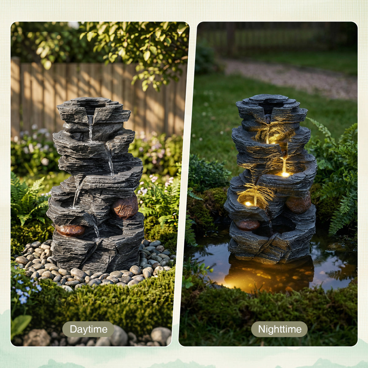 Outdoor 5-Tier Cascading Rock Water Fountain with LED Lights and Pump - Tabletop Water Feature