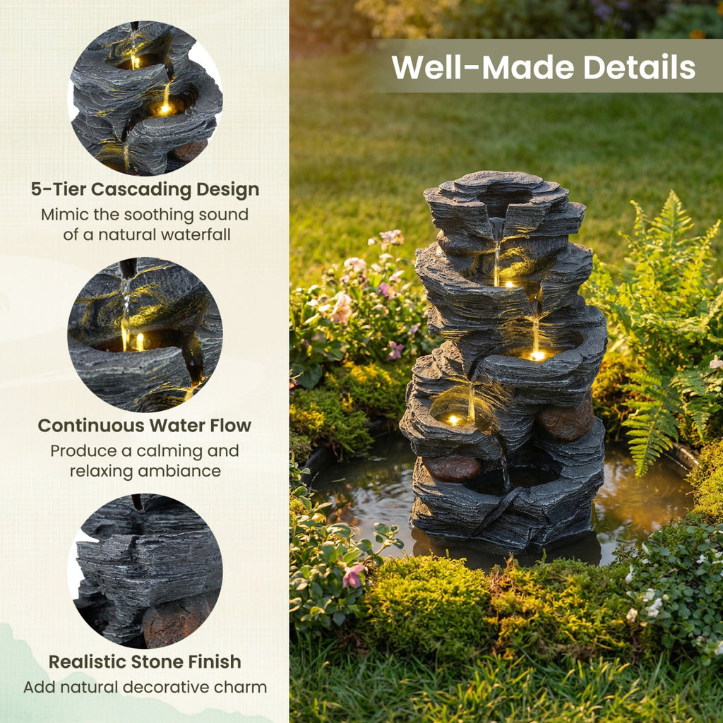 Outdoor 5-Tier Cascading Rock Water Fountain with LED Lights and Pump - Tabletop Water Feature