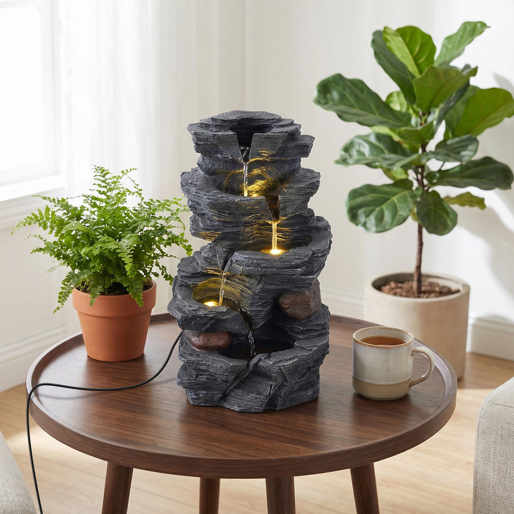 Outdoor 5-Tier Cascading Rock Water Fountain with LED Lights and Pump - Tabletop Water Feature