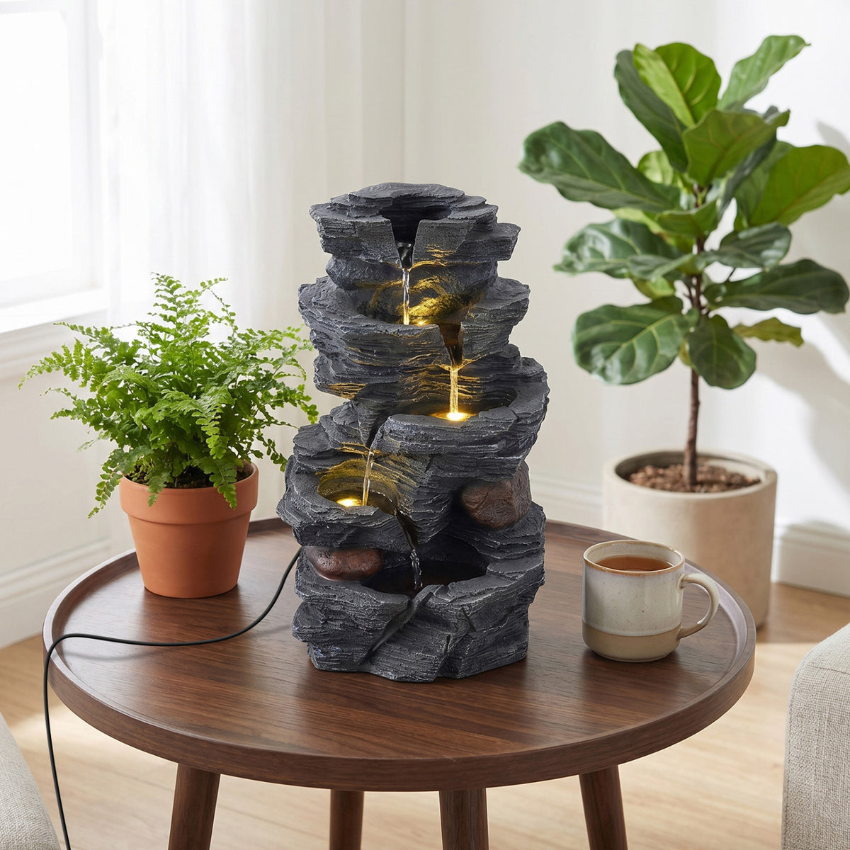 Outdoor 5-Tier Cascading Rock Water Fountain with LED Lights and Pump - Tabletop Water Feature