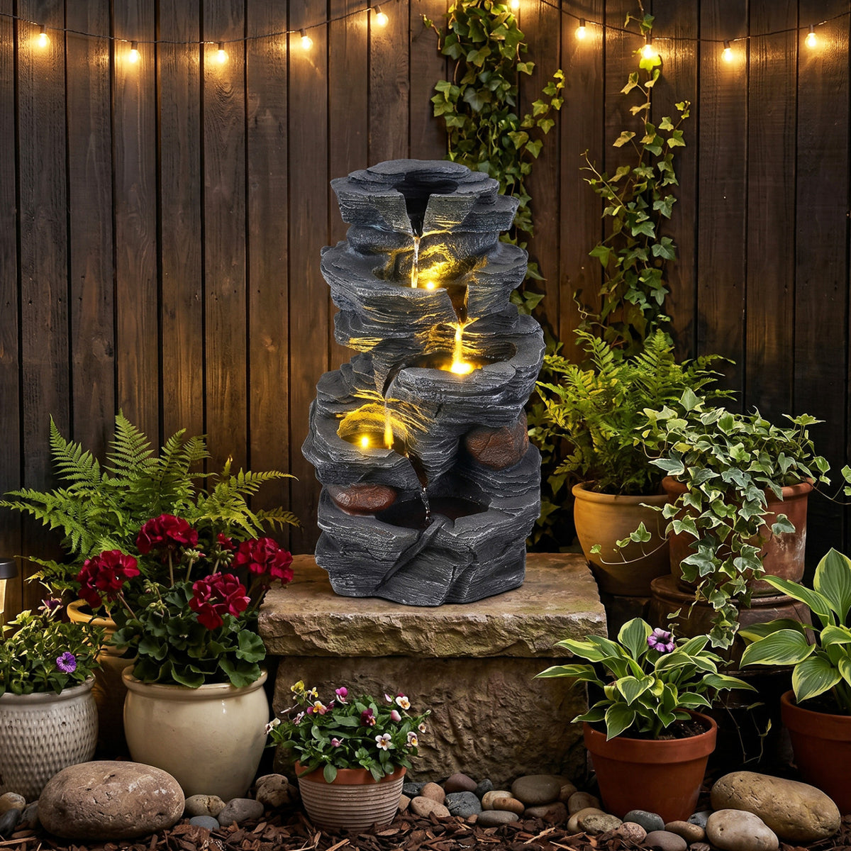 Outdoor 5-Tier Cascading Rock Water Fountain with LED Lights and Pump - Tabletop Water Feature