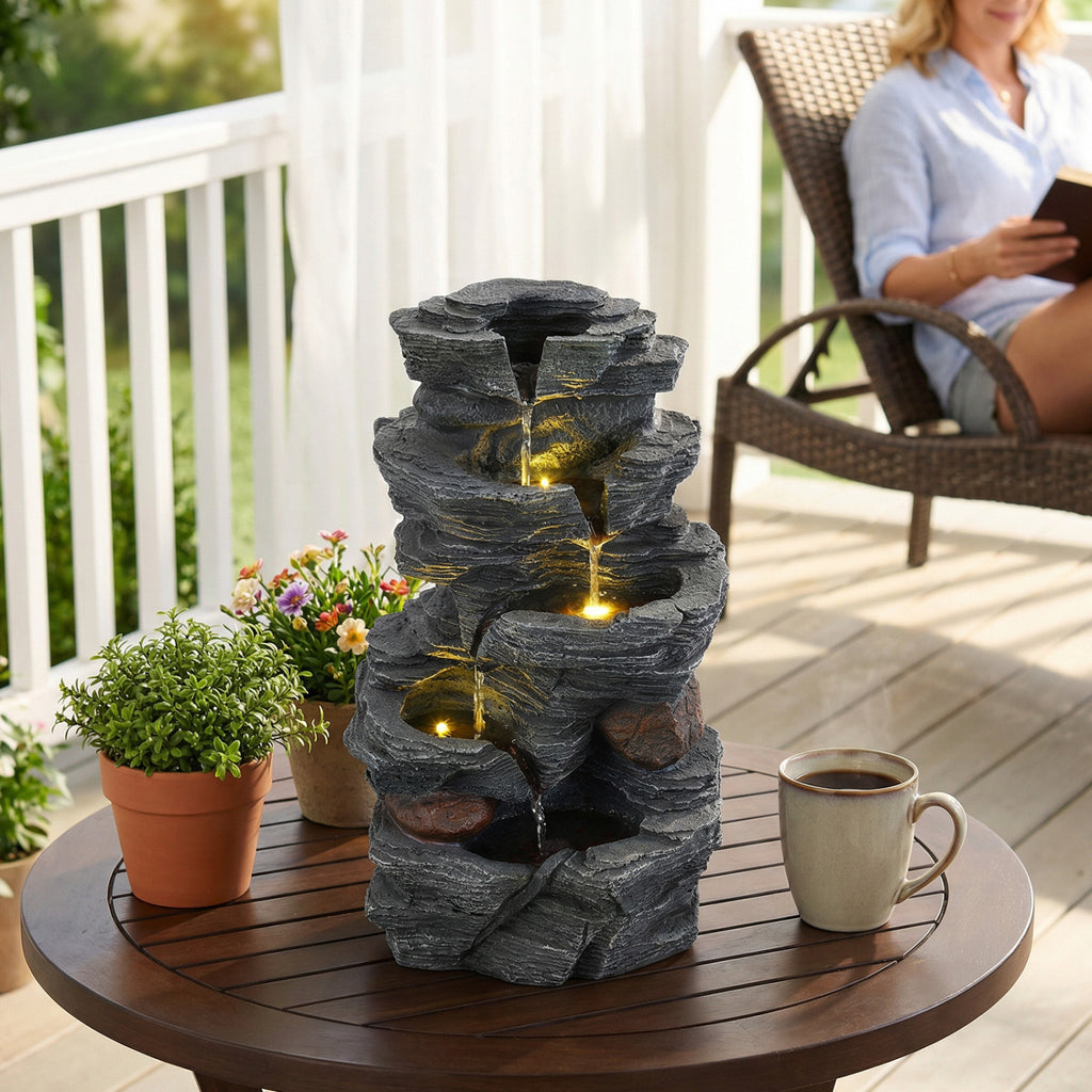 Outdoor 5-Tier Cascading Rock Water Fountain with LED Lights and Pump - Tabletop Water Feature