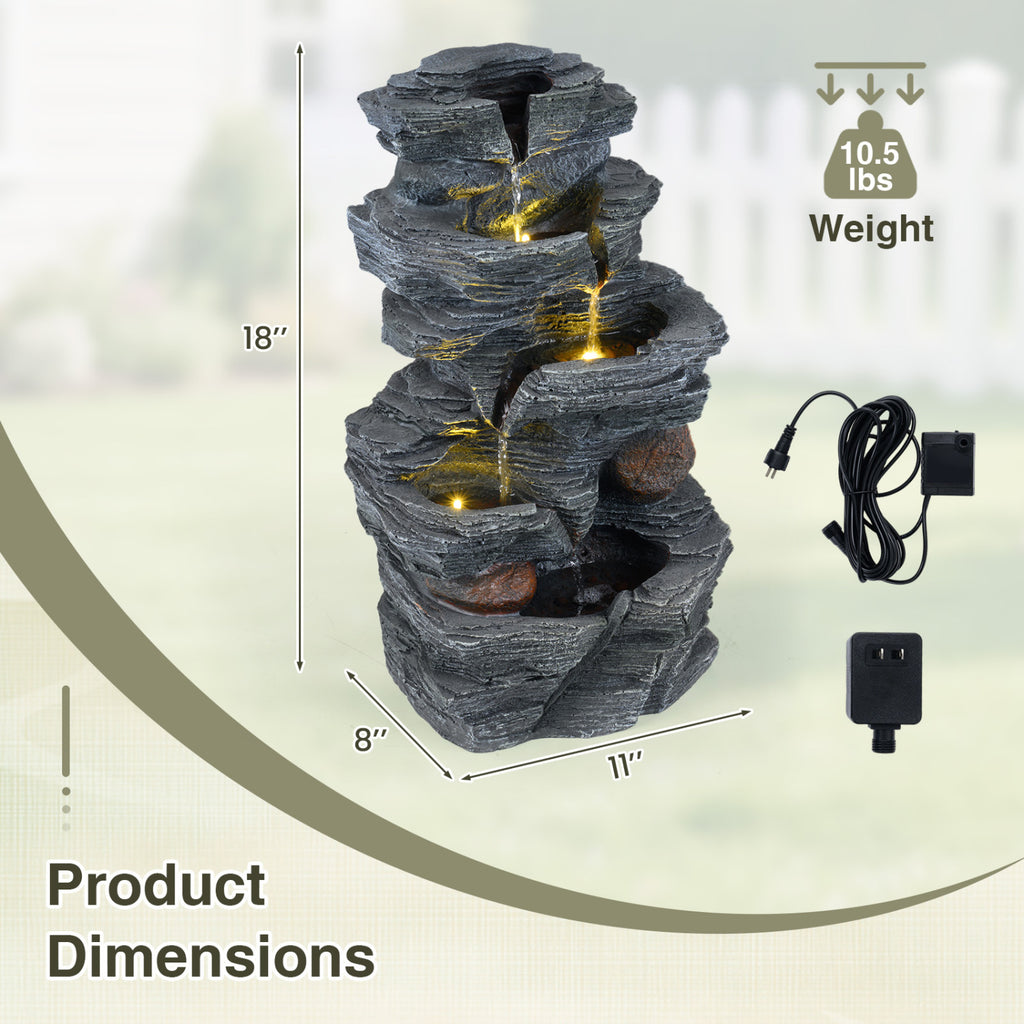 Outdoor 5-Tier Cascading Rock Water Fountain with LED Lights and Pump - Tabletop Water Feature