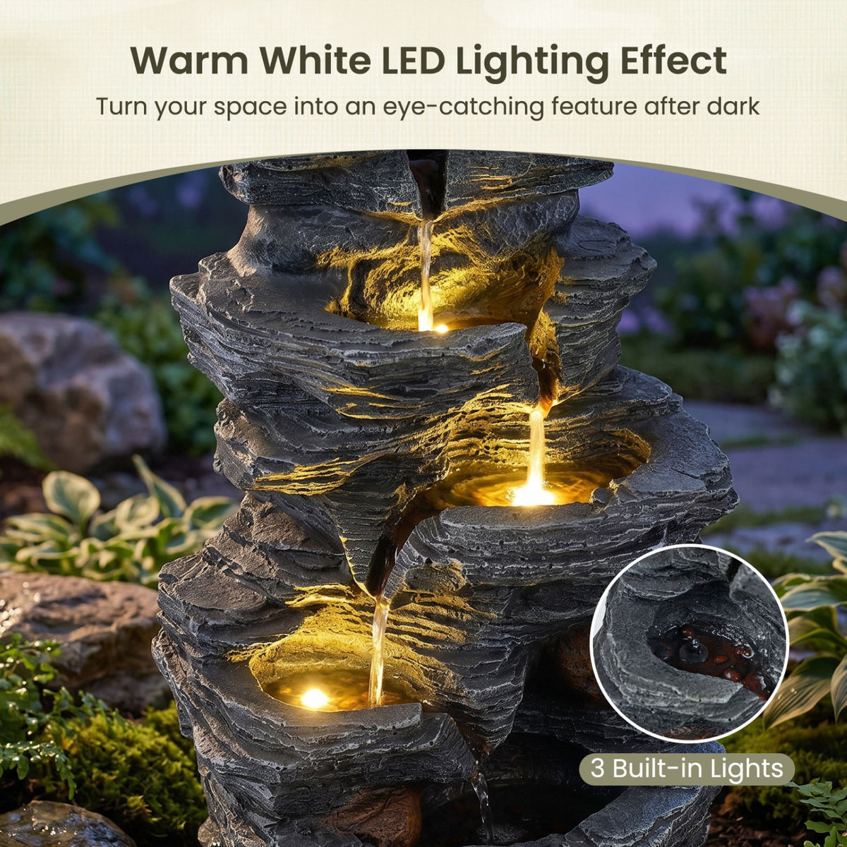 Outdoor 5-Tier Cascading Rock Water Fountain with LED Lights and Pump - Tabletop Water Feature